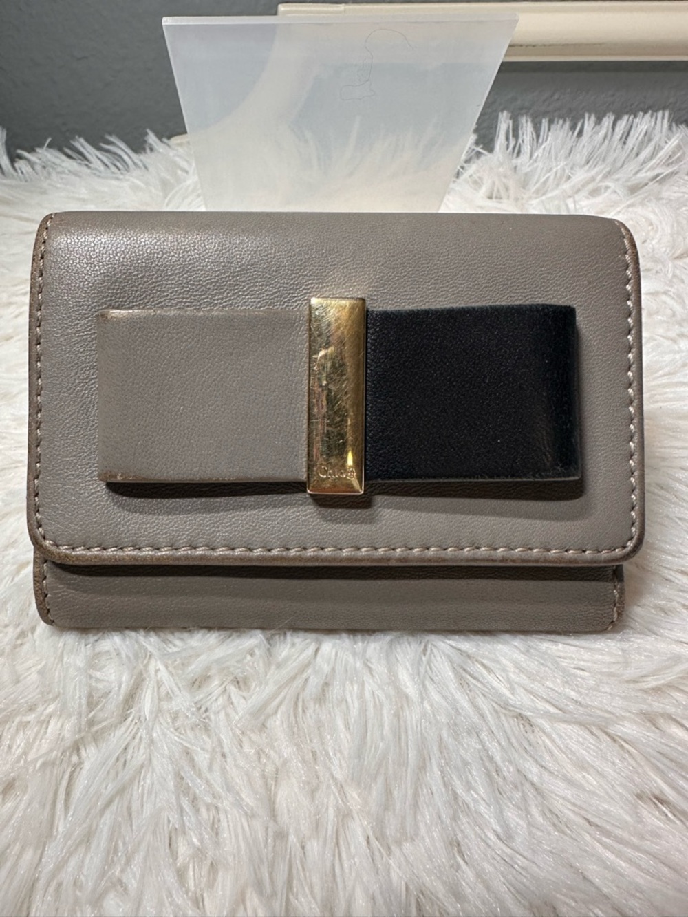 Chloe Bow Accent Compact Leather Wallet in Gray and Black